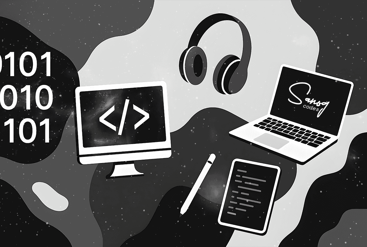 Banner com notebook e itens de escritório